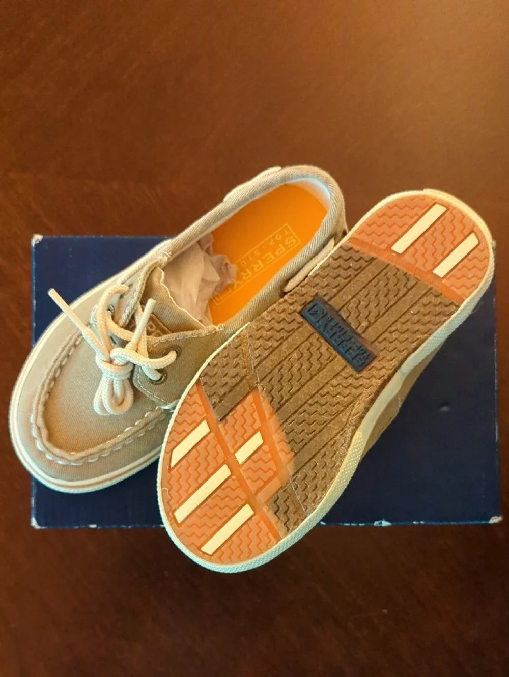 Sperry Kids Tan Canvas Boat Shoes with White Soles